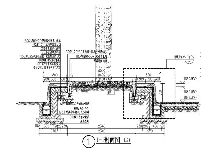 售楼部入口水景水中内置树池详图设计-园林景观节点详图-筑龙园林景观