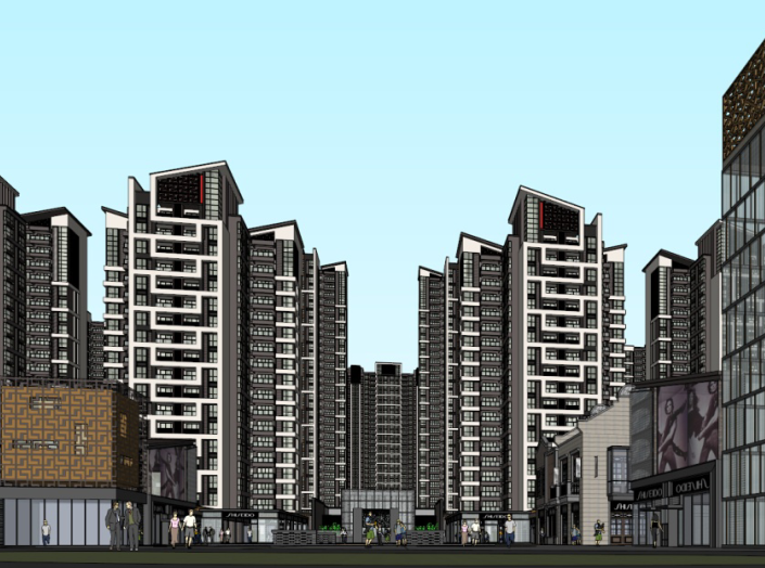 万科设计项目资料下载-广州万科东荟城中式商住项目建筑SU模型