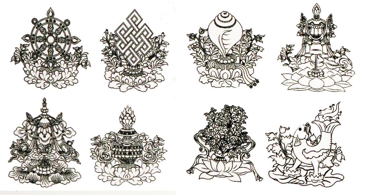 佛八宝又称为八吉祥纹,是佛教中的宝物,由法论,法螺,宝伞,华盖,莲花