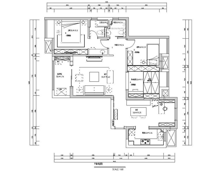 免费室内施工图纸二居室资料下载-现代美式120㎡二居室住宅装修施工图设计