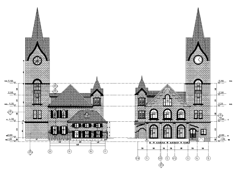 城堡建筑施工图CAD资料下载-某多层城堡式会所幕墙施工图CAD