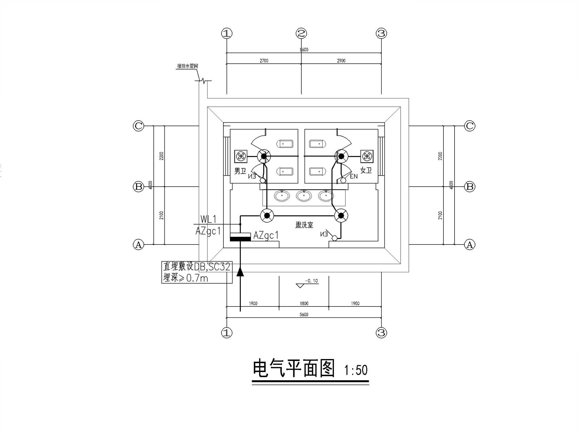 cad图纸文件 3mb格式 dwg等级:57平米公共卫生间电气图纸立即下载立即