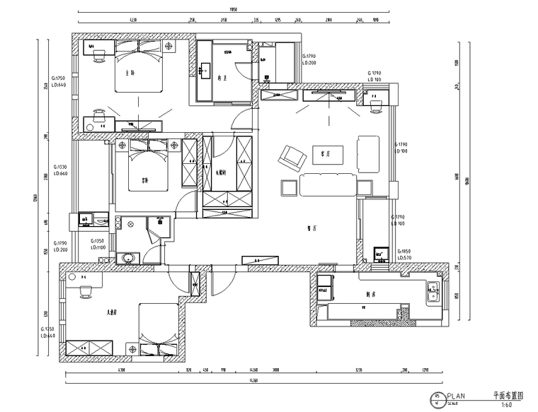 住宅总平面图布置图资料下载-北欧-三室两厅142㎡住宅装修施工图设计