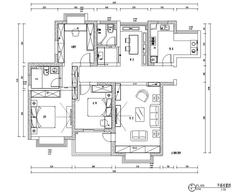 住宅总平面图布置图资料下载-美式风三室两厅140㎡住宅装修施工图设计