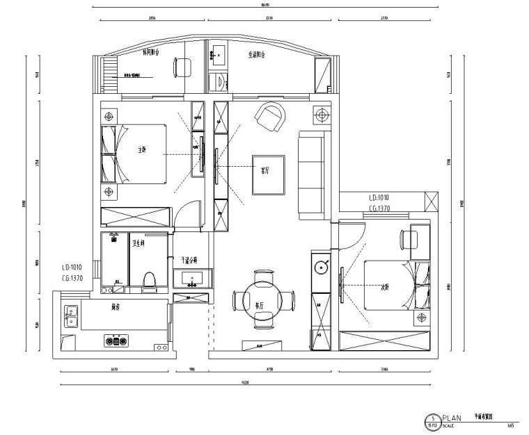 公寓改住宅两室一厅资料下载-美式-两室一厅96㎡住宅装修施工图设计