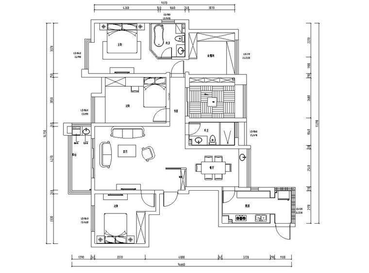 四室住宅空间资料下载-美式风格四室两厅180㎡住宅装修施工图设计