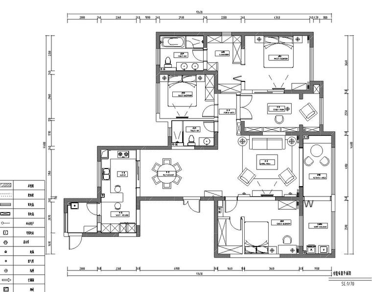 四室住宅空间资料下载-美式风四室两厅295㎡住宅装修施工图设计