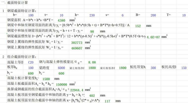 钢混组合梁施工技术资料下载-钢混组合结构组合梁设计计算表格Excel