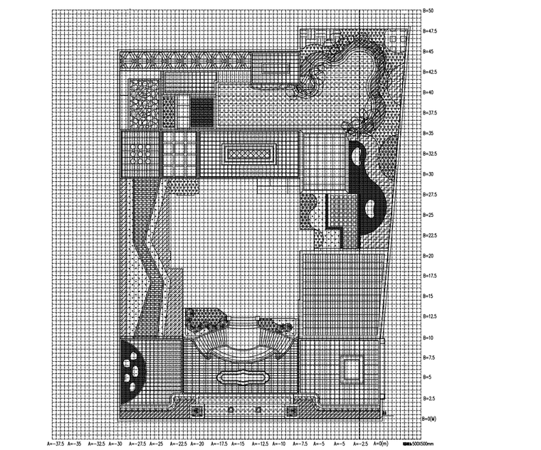 新中式风格别墅花园景观施工图设计 网格放线图.