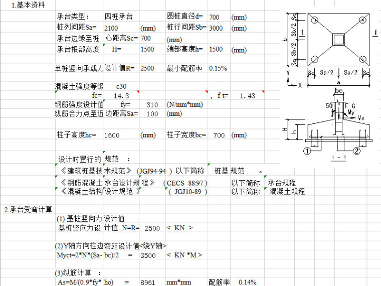 多桩承台计算资料下载-四桩承台柱下独立承台计算表格Excel