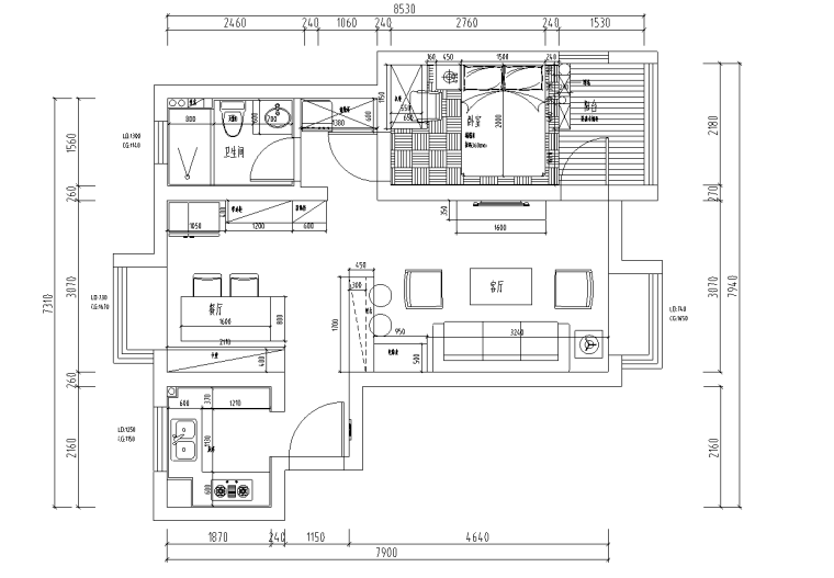 2居室小户型室内设计资料下载-欧式混搭风小户型装修施工图设计