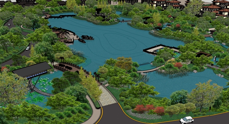 环湖景观改造工程资料下载-生态休闲环湖住宅公园景观SU模型