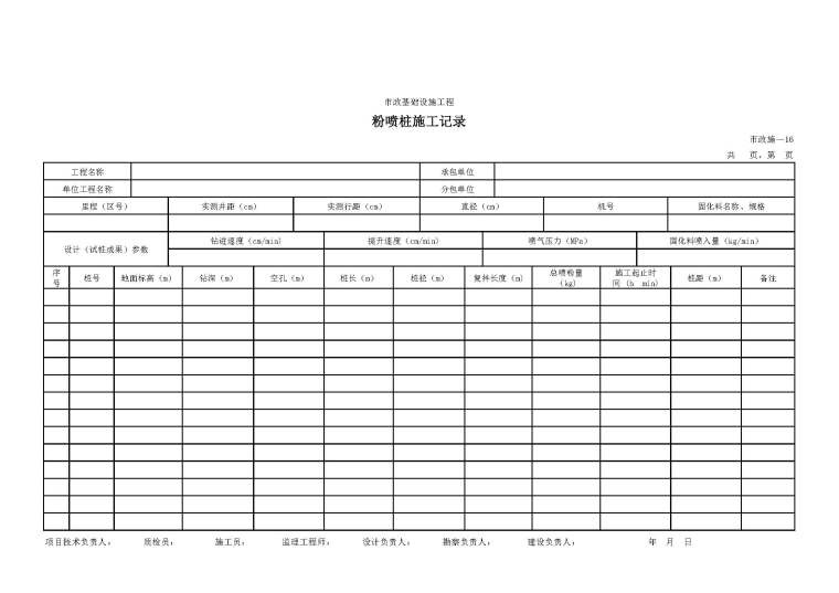 广东省市政基础设施工程安全资料下载-市政基础设施工程粉喷桩施工记录表 