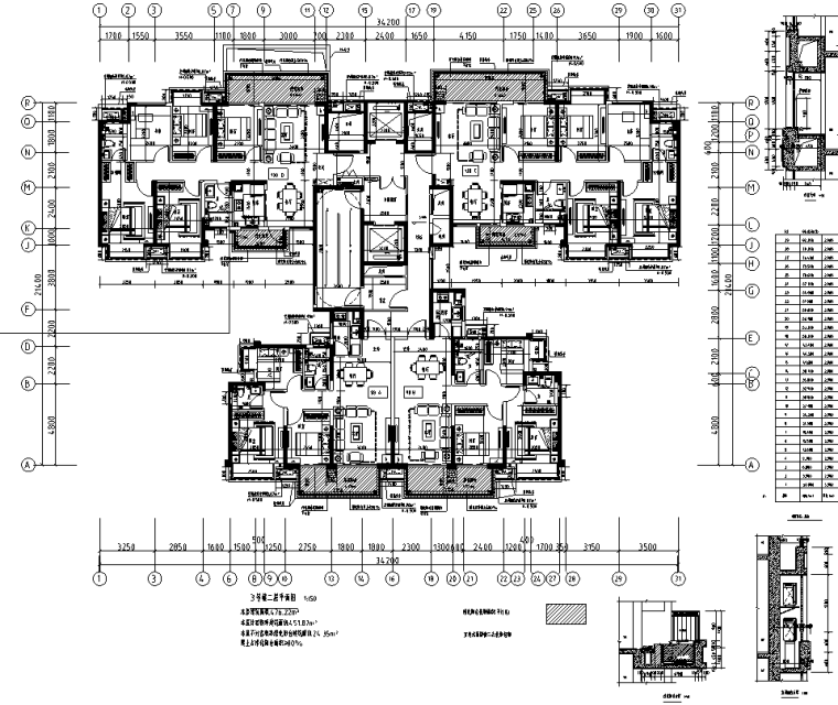 户型图标准层高清资料下载-广西30层高层住宅-品字形户型图设计