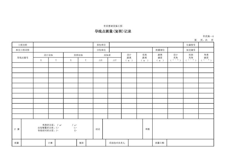 施工层基线复核记录资料下载-市政基础设施工程导线点测量(复核)记录表