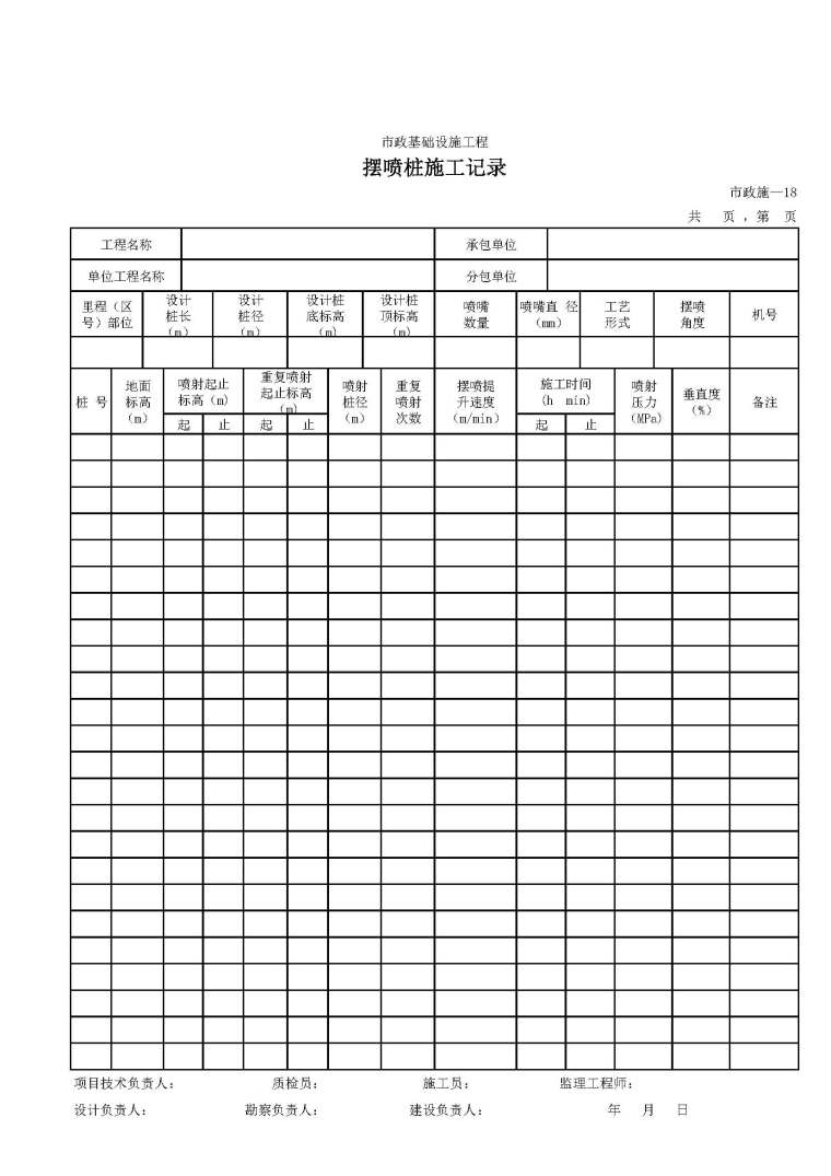 高压摆喷施工记录表填写范例资料下载-市政基础设施工程摆喷桩施工记录表