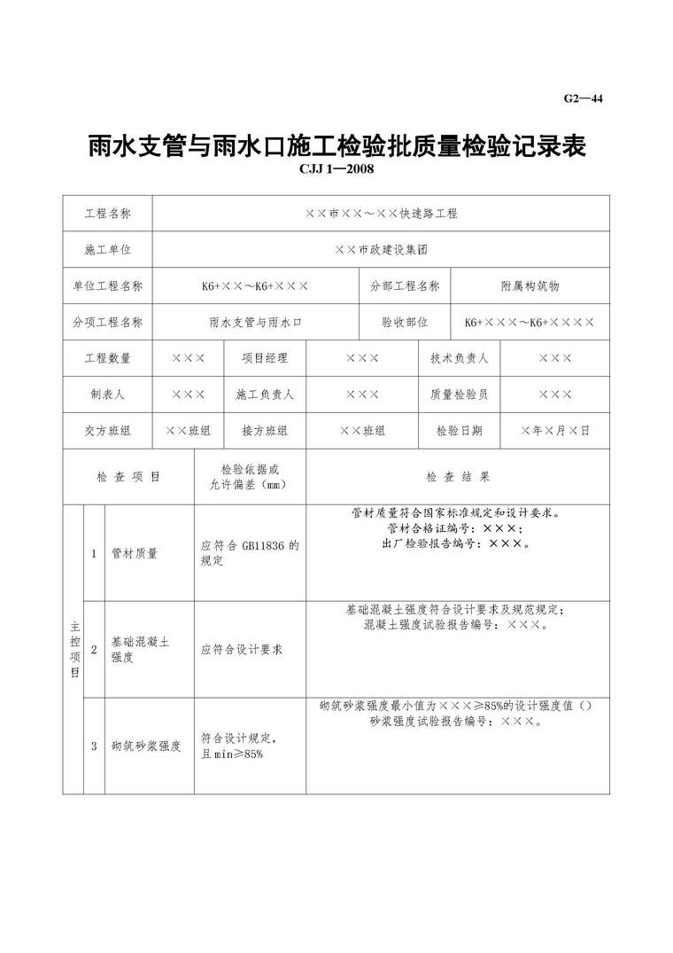 市政雨水工程检验批资料下载-雨水支管与雨水口施工检验批质量检验记录表