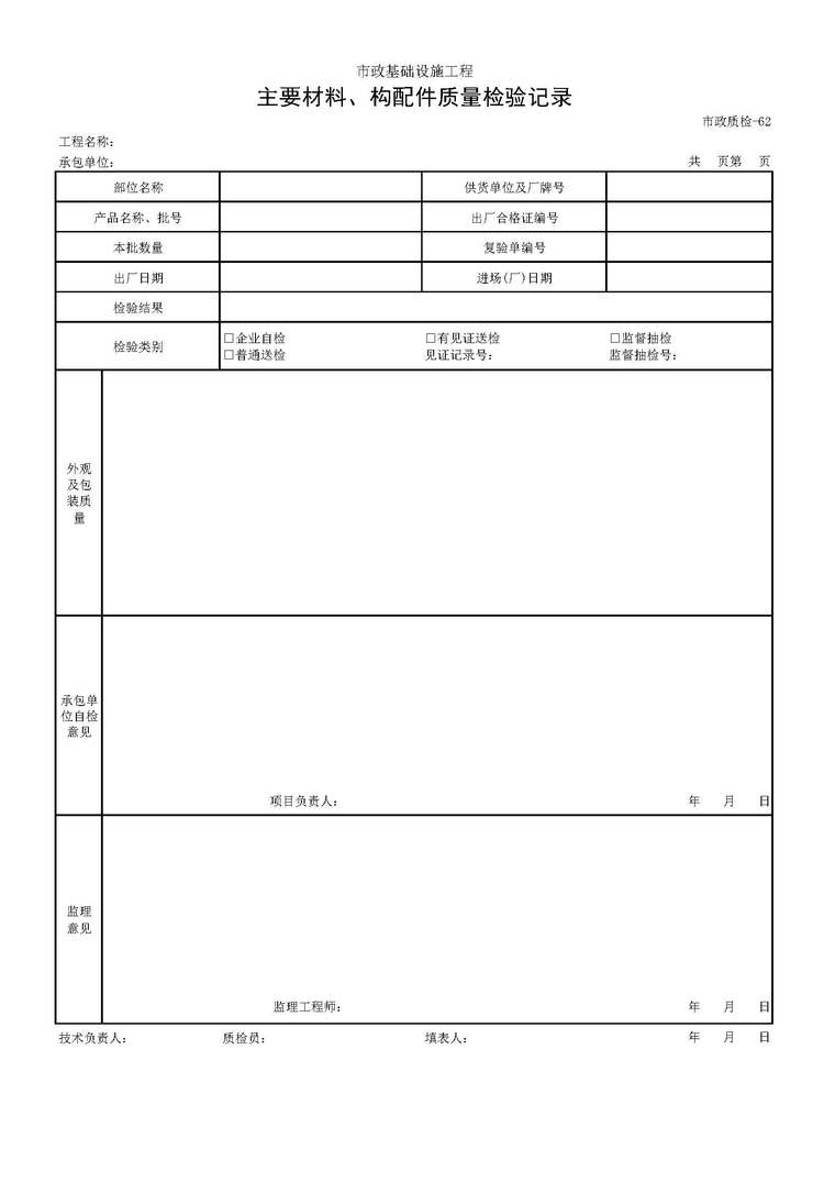 构配件检验办法资料下载-市政基础设施工程材料构配件质量检验记录