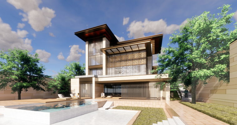 新亚洲风格高层建筑资料下载-新亚洲风格独栋别墅建筑模型SU