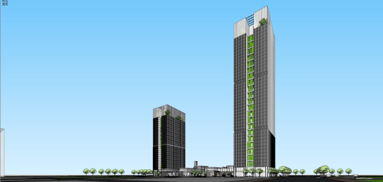 双子塔商业综合体资料下载-现代高层双子塔办公商业综合体建筑SU模型