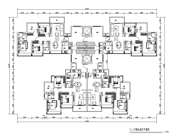 两梯四户住宅建筑施工图资料下载-[广东]深圳1梯4户住宅户型图设计