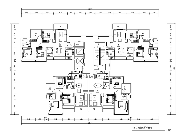 [廣東]深圳1梯4戶住宅戶型圖設計