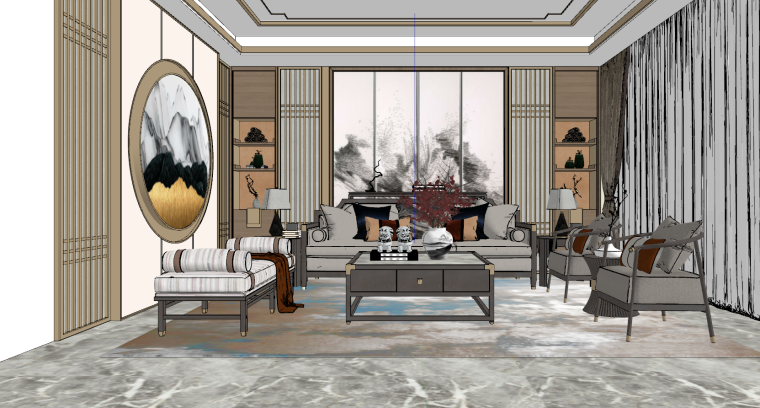 室内中式风格彩平资料下载-新中式风格客厅室内SU模型-2021年