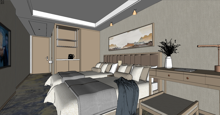 超精细模型酒店客房-床室内su模型2021-sketchup模型-筑龙渲染表现