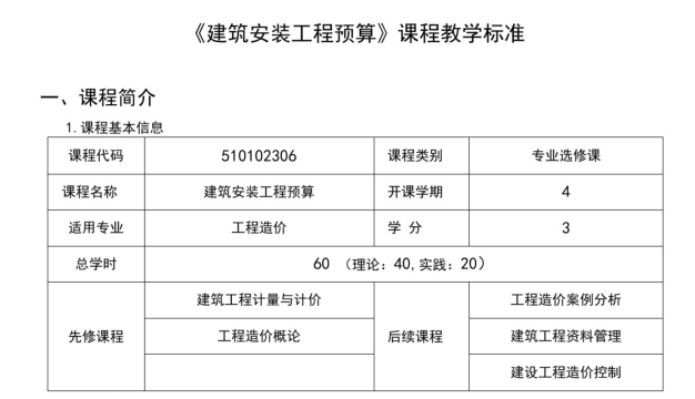 水电安装预算教学视频资料下载-建筑安装工程预算课程教学标准