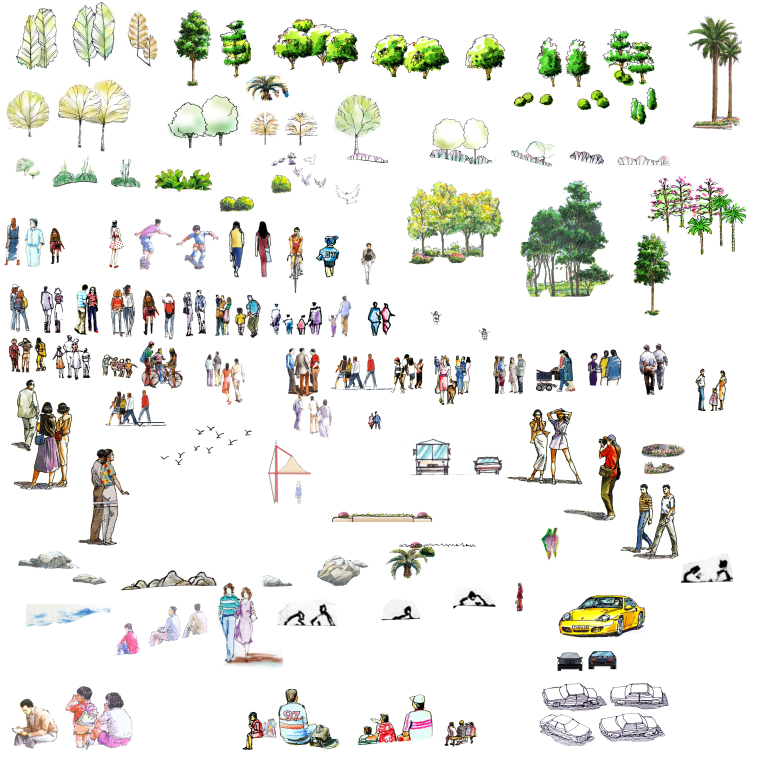 植物景观psd格式资料下载-5套手绘人物景观PSD素材
