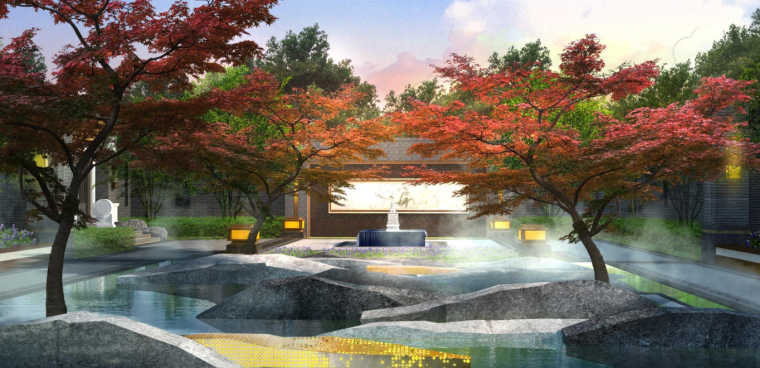 中式园林酒店景观设计资料下载-新中式风格山水园林示范区景观设计