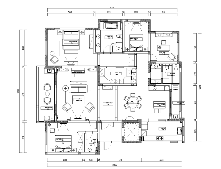  现代简约美式四室两厅住宅装修施工图设计_1