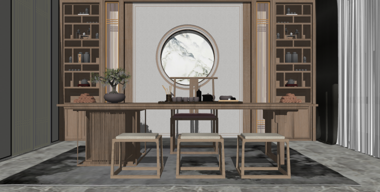 新中式禅意办公空间资料下载-新中式禅意茶桌椅室内SU模型