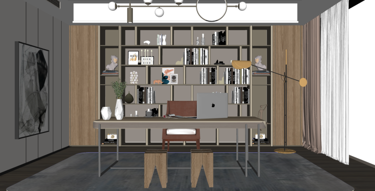桌椅设施模型su资料下载-现代书房书桌椅组合书柜摆件室内SU模型