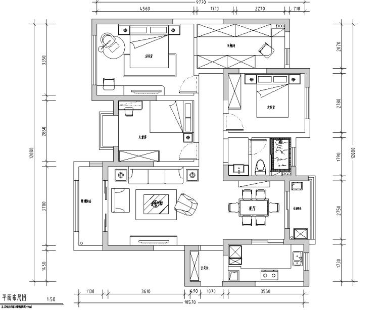 120平方三房两厅资料下载-美式风格三房两厅两卫住宅装修施工图设计