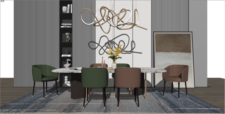 桌椅设施模型su资料下载-现代轻奢餐桌椅组合挂画艺术室内SU模型