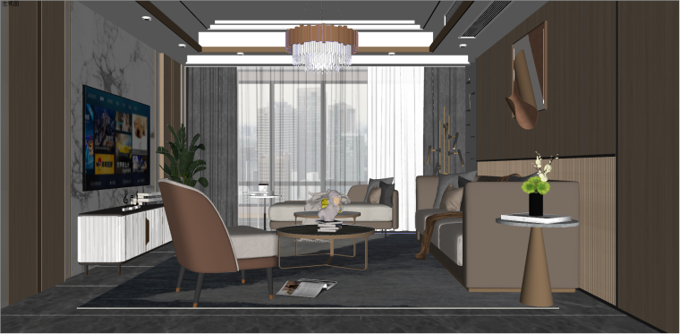 su沙发模型现代资料下载-现代轻奢客厅组合沙发茶几单人室内SU模型