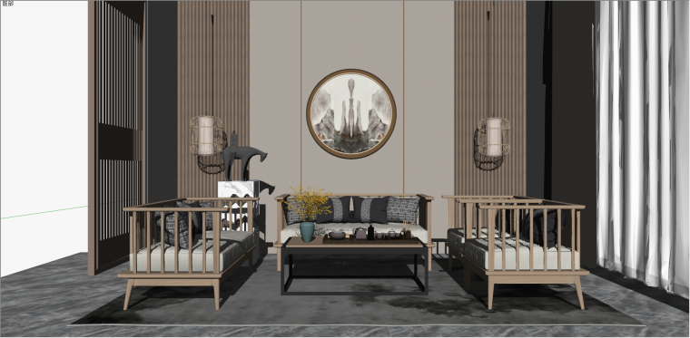 su新中式室内景墙资料下载-中式新中式组合沙发茶几茶具室内SU模型