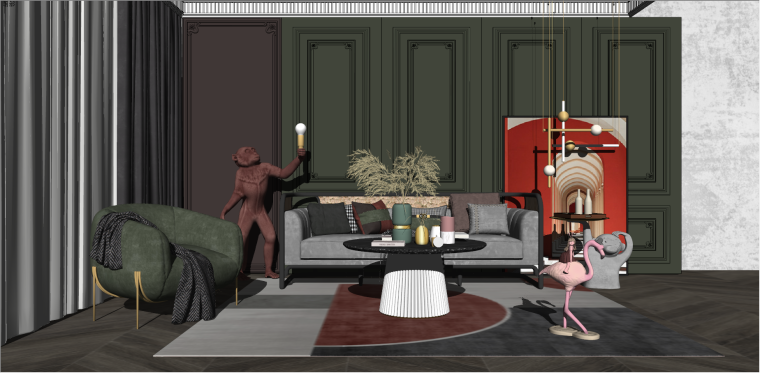 现代轻奢客厅su模型资料下载-轻奢现代沙发摆件玩偶吊灯室内SU模型