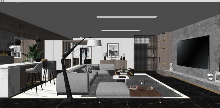 300平大平层室内设计资料下载-现代极简别墅大平层客厅沙发室内SU模型