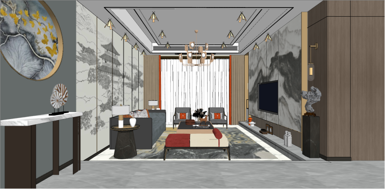 新中式酒店SU建筑模型资料下载-新中式客厅室内SU模型