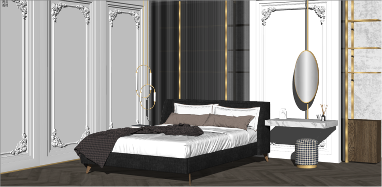 现代轻奢客厅su模型资料下载-现代轻奢卧室双人床室内SU模型