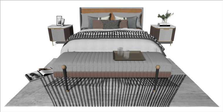 卧室CAD含SU模型资料下载-现代轻奢卧室双人床书柜室内SU模型