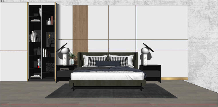 室内中式配景su模型资料下载-新中式主卧床具组合室内SU模型
