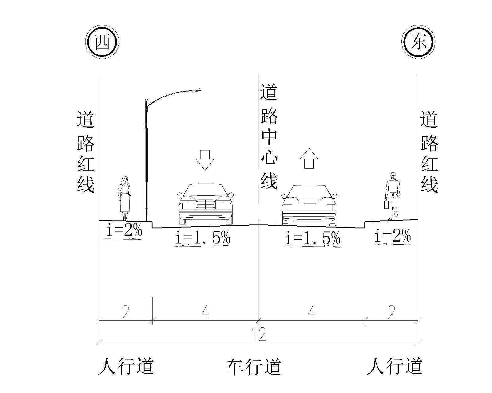 道路横断面为一幅路形式,其中路面宽8m,两侧人行道各宽2米