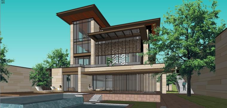 新亚洲风格建筑小高层资料下载-新亚洲风格别墅建筑SU模型设计