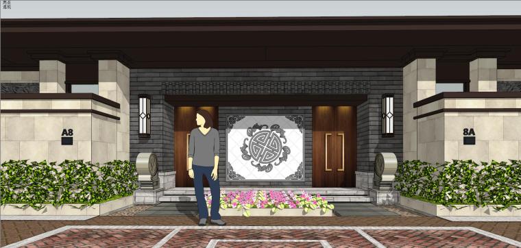 中式式风格建筑su模型资料下载-中式风格度假别墅建筑SU模型设计