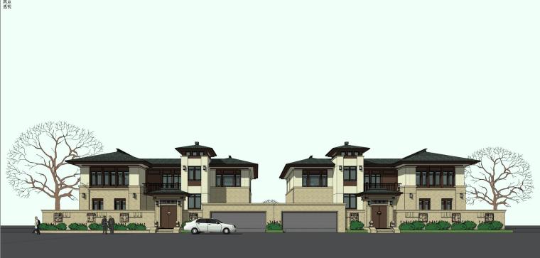 中式独栋别墅平面资料下载-中式风格双拼+独栋别墅建筑SU模型设计