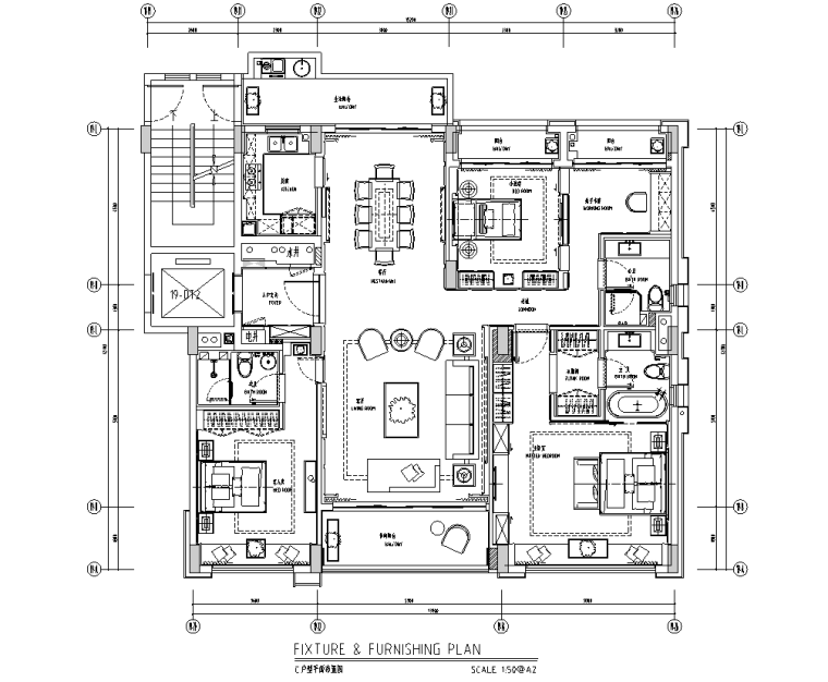 精装施工平面布置图资料下载-[广东]现代中式四居室样板房室内精装施工图