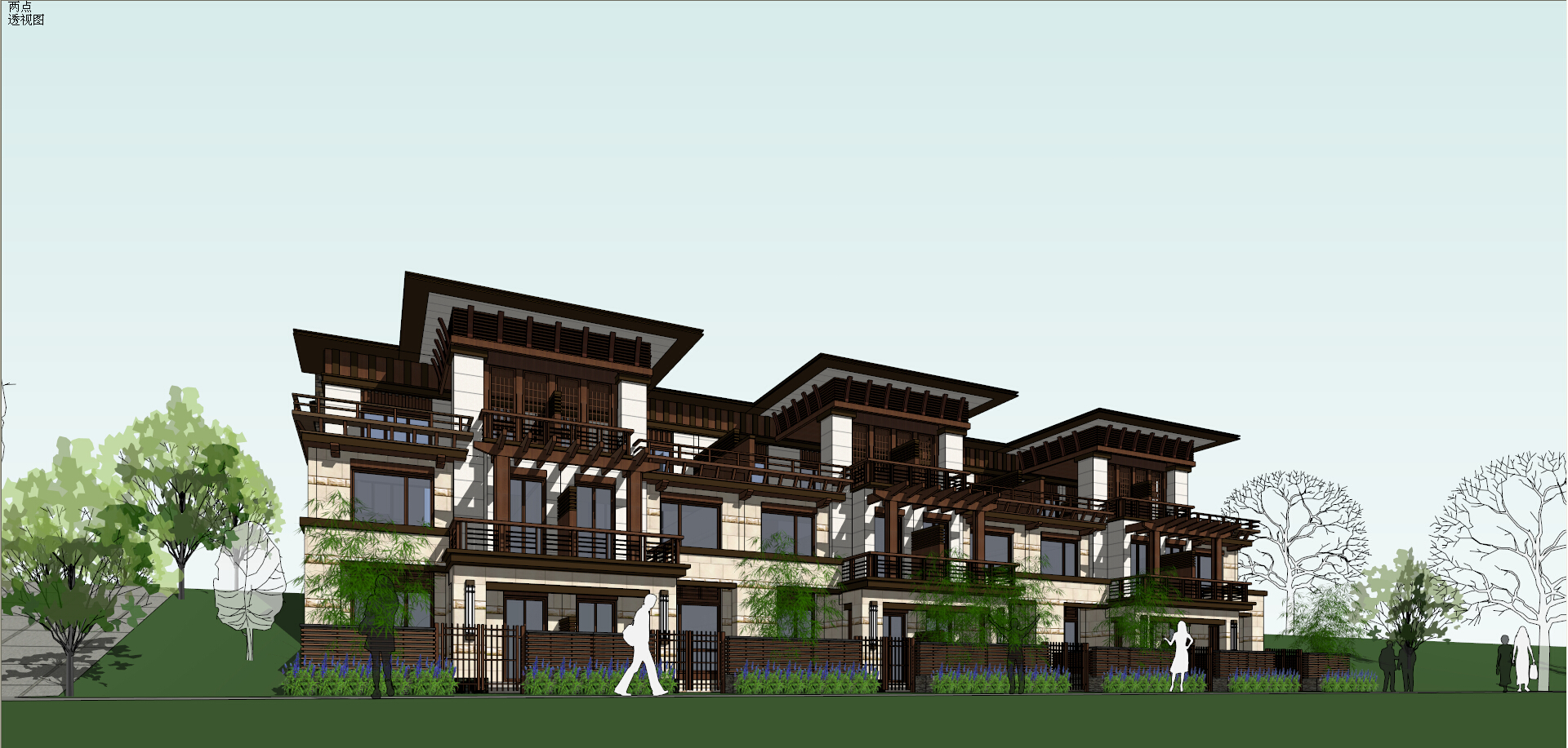 中式草原风混搭山地联排住区规划建筑SU模型